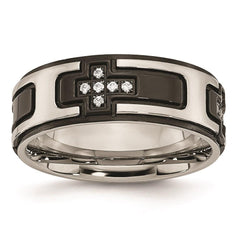 Stainless Steel Polished Black IP-plated with CZ Cross Band