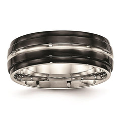 Stainless Steel Polished Black IP Ridged Edged Ring