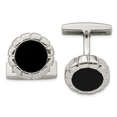 Stainless Steel Polished Black IP Scalloped Round Cufflinks