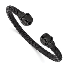Stainless Steel Polished Black IP with Crystal Genuine Leather Cuff Bangle