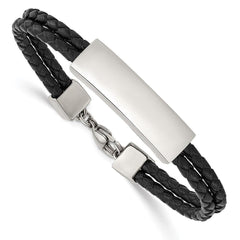 Stainless Steel Polished Black Leather 2 Strand 7in ID Bracelet