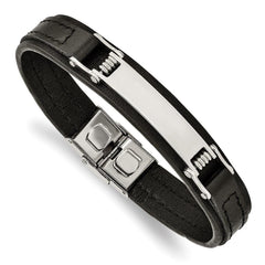 Stainless Steel Polished Black Leather 8.25in ID Bracelet