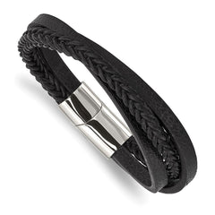 Stainless Steel Polished Black Leather Multi-Strand 8.25in Bracelet