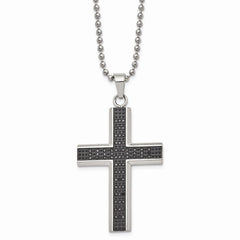 Stainless Steel Polished Black Rhodium Black Diamond Cross Necklace
