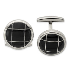Stainless Steel Polished Black Semi-Precious Stone Round Cufflinks