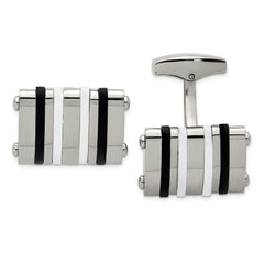 Stainless Steel Polished Black/White Rubber Bands Rectangle Cuff Links