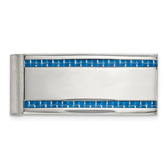 Stainless Steel Polished Blue Carbon Fiber Inlay Money Clip