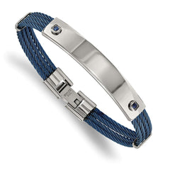 Stainless Steel Polished Blue IP-plated Cable Blue CZ 7.25in ID Bracelet