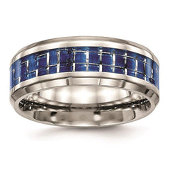 Stainless Steel Polished Blue/White Carbon Fiber Inlay Ring