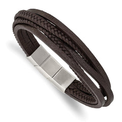 Stainless Steel Polished Brown PU Leather Multi Strand w/.5in ext Bracelet