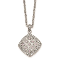 Stainless Steel Polished Clear and Pink CZ Square Necklace