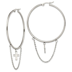 Stainless Steel Polished Cross Dangle Hoop Earrings