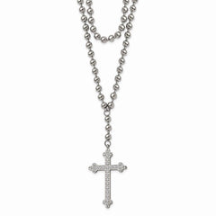 Stainless Steel Polished Cross w/Crystal Two Bead Chain Necklace