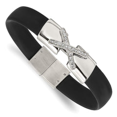 Stainless Steel Polished CZ Silicone Band Bracelet