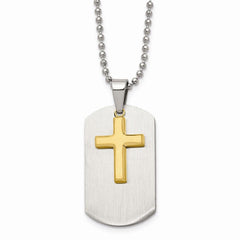 Stainless Steel Polished Dog Tag Yellow IP-plated Brushed Cross Necklace