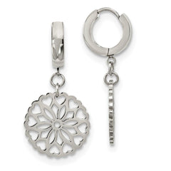 Stainless Steel Polished Flower Hinged Hoop Dangle Earrings