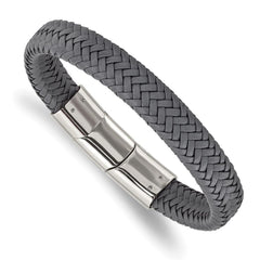 Stainless Steel Polished Grey Woven Leather w/.5in ext 8in Bracelet
