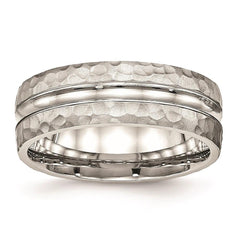 Stainless Steel Polished Hammered and Grooved 7.50mm Band