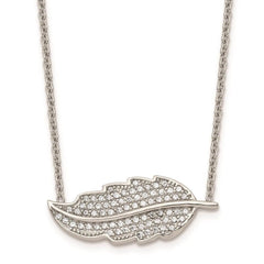 Stainless Steel Polished Leaf with CZs Necklace