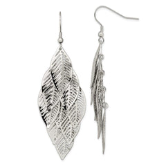 Stainless Steel Polished Leaves Dangle Shepherd Hook Earrings