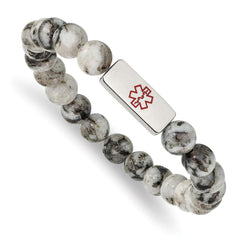 Stainless Steel Polished Medical ID Lotus Jasper Bead Stretch Bracelet