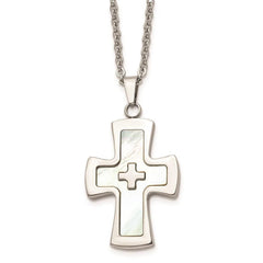 Stainless Steel Polished Mother Of Pearl Cross Necklace