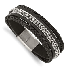 Stainless Steel Polished Multi Strand Black Leather 8.5in Bracelet