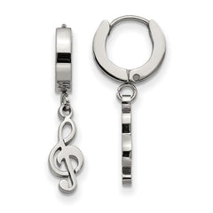 Stainless Steel Polished Music Note Dangle Hinged Hoop Earrings