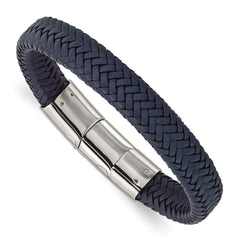 Stainless Steel Polished Navy Blue Leather w/.5in ext 7.75in Bracelet
