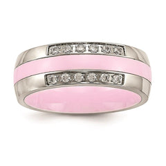 Stainless Steel Polished Pink Ceramic CZ Ring