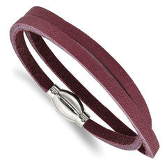 Stainless Steel Polished Purple Leather Wrap Bracelet