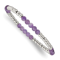 Stainless Steel Polished Purple Zebra Amethyst Beaded Stretch Bracelet