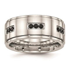 Stainless Steel Polished Ridged Edged Black CZ Ring