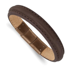 Stainless Steel Polished Rose IP Brown Leather w/.5in ext 7.75in Bracelet