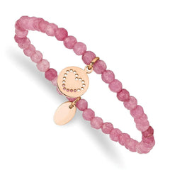 Stainless Steel Polished Rose IP-plated Heart Pink Jade Stretch Bracelet
