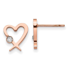 Stainless Steel Polished Rose IP-plated w/Crystal Heart Post Earrings