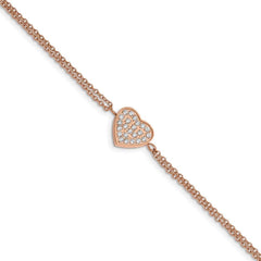 Stainless Steel Polished Rose IP with CZ Heart 6.25in w/2in ext. Bracelet