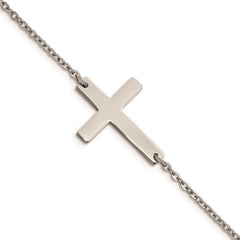 Stainless Steel Polished Sideways Cross 7.25in Bracelet