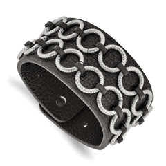 Stainless Steel Polished Textured Black Leather Bracelet