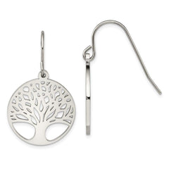 Stainless Steel Polished Tree of Life Cut-out Shepherd Hook Earrings