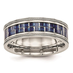 Stainless Steel Polished w/ Blue Carbon Fiber Inlay Textured Edge Ring
