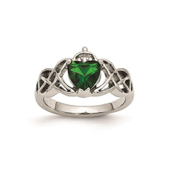 Stainless Steel Polished w/ Green Heart CZ Claddagh Ring