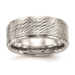 Stainless Steel Polished w/Brushed Center Ridged Edge Diamond Cut Ring