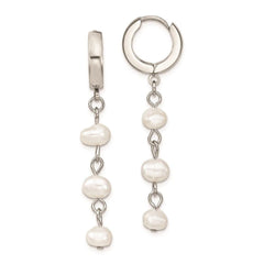 Stainless Steel Polished w/Freshwater Cultured Pearl Hinged Hoop Earrings