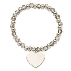 Stainless Steel Polished w/Grey Glass Beads Heart Dangle Stretch Bracelet