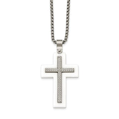Stainless Steel Polished White Ceramic Cross CZ 23.75in Necklace