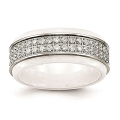 Stainless Steel Polished White Ceramic CZ Ridged edge Ring