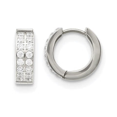 Stainless Steel Polished with 2 Rows of CZ Hinged Hoop Earrings