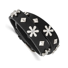 Stainless Steel Polished w/Swarovski Flower Studded Leather Adj. Bracelet