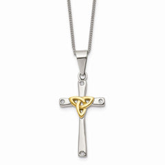 Stainless Steel Polished Yellow IP-plated w/ CZ Cross Necklace